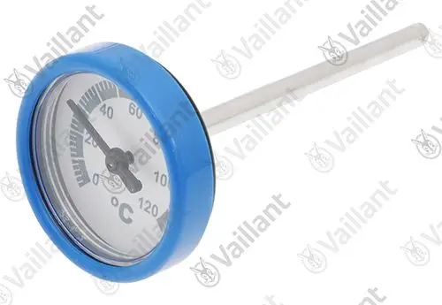 Vaillant Thermometer mit blauer Umrandung und einer Skala bis 120 °C. Der Messstab ist aus Metall und dient zur Temperaturmessung in Heizsystemen.
